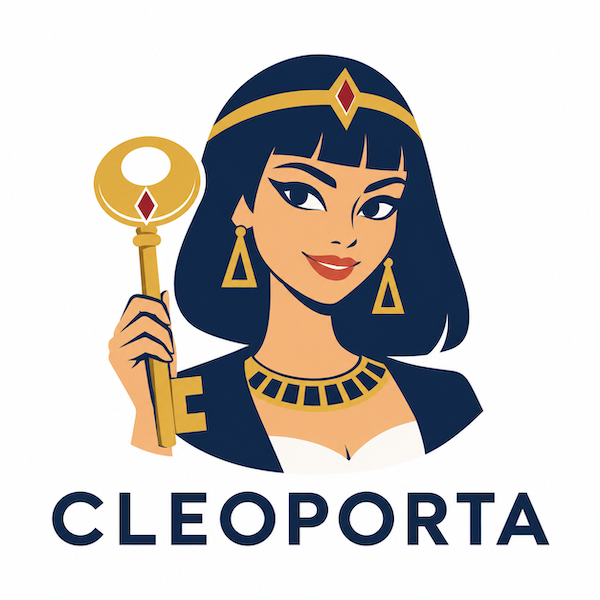 Cleoporta logo: a woman in Egyptian style holding a golden key