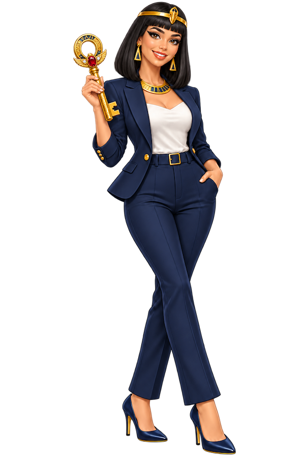 The Cleoporta mascot in a navy suit, holding a golden key
